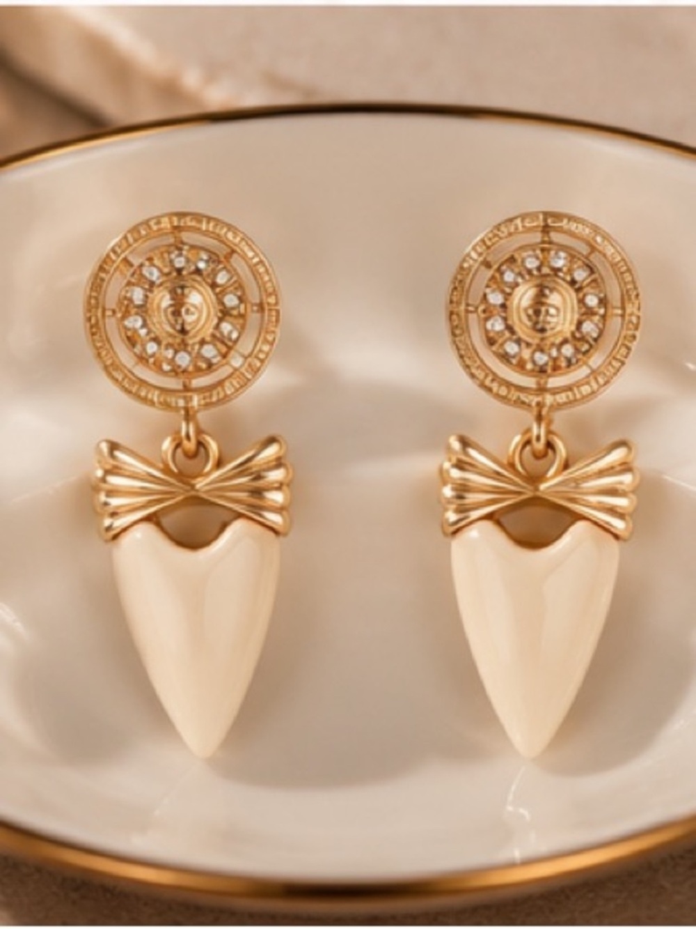 Gold and Cream Drop Earrings with Bow Accent